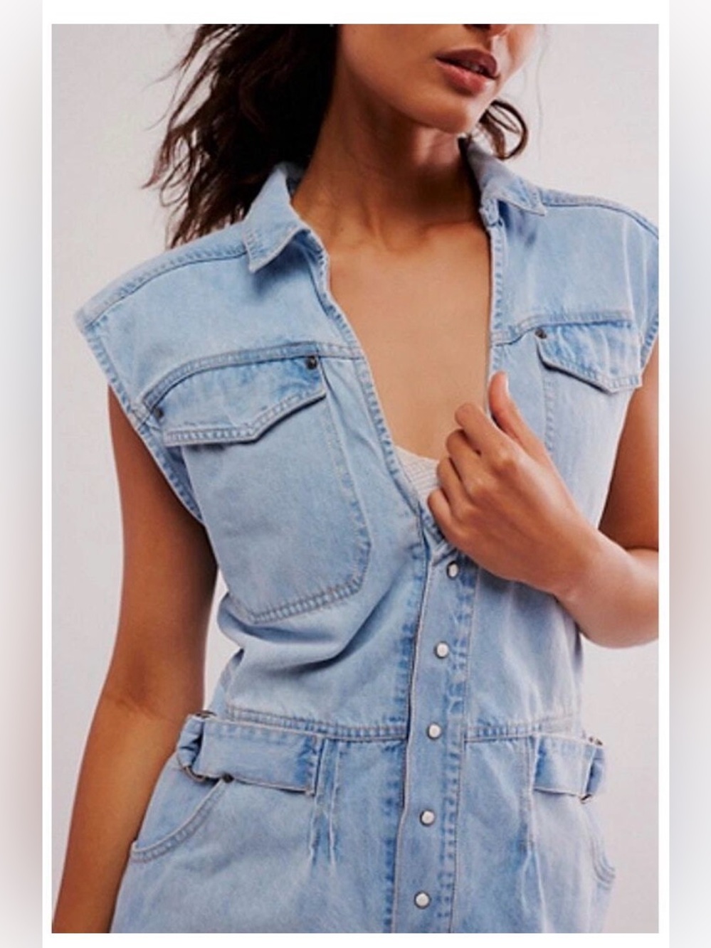 $168 FREE PEOPLE NWT S Rowley Belted Denim Mini Dress Sunbleached Blue - Picture 3 of 8